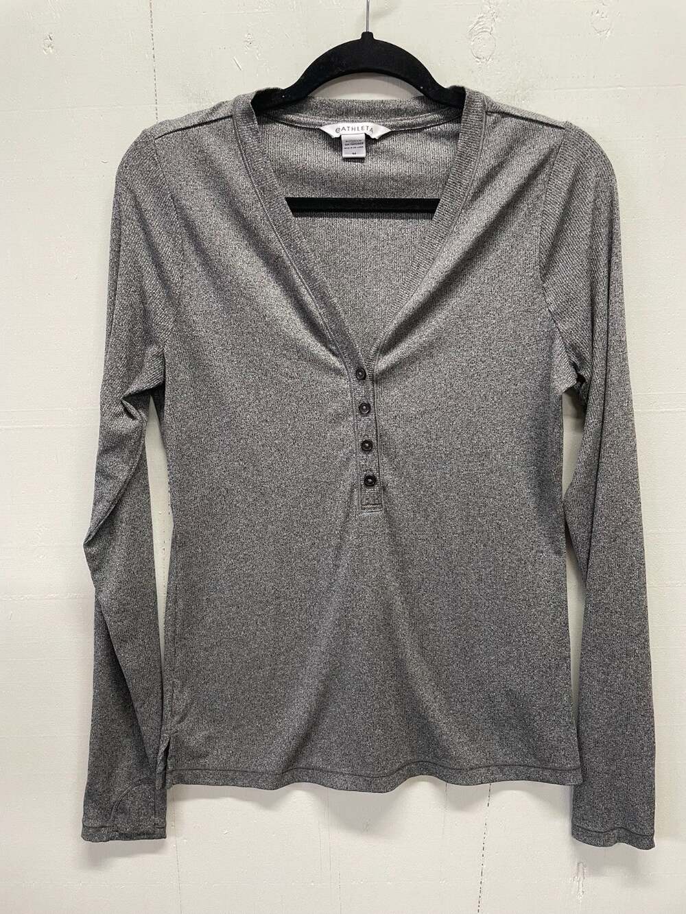 Athleta Ribbed Henley Long Sleeve heather Gray V-Neck Thumbholes Medium